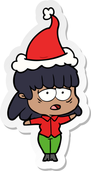 Bir insan tarafından çizilmiş Noel Baba şapkası giyen yorgun bir kadının el yazısı.