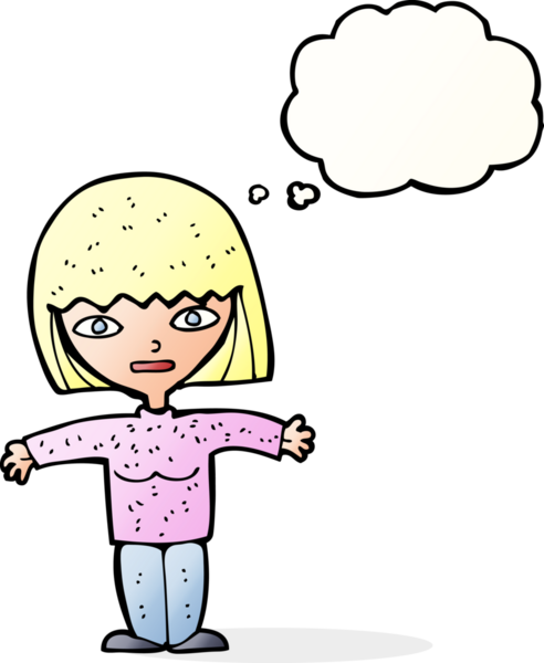 Bir insan tarafından çizilmiş düşünce balonlu açık kollu çizgi film kadını.