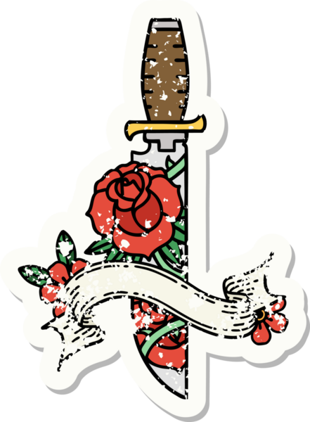 Bir hançer bayrağı ve bir insan tarafından çizilmiş çiçekler olan eski bir etiket.