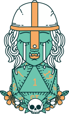 Retro Dövme Tarzı Ağlayan Ork Savaşçısı Karakteri Bir insan tarafından çizilmiş doğal bir D20 rulosu