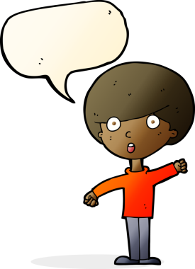 Bir insan tarafından çizilmiş konuşma balonuyla şok olmuş bir çocuk.