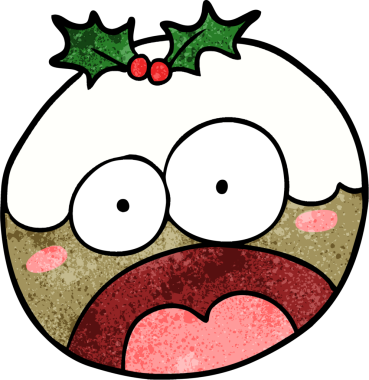 Karikatür noel pudingi. Bir insan tarafından çizilmiş şok yüzlü.