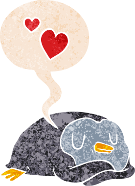 Çizgi film pengueni, grunge 'daki konuşma baloncuğuna aşık. Bir insan tarafından çizilmiş tedirgin edilmiş eski tarz.