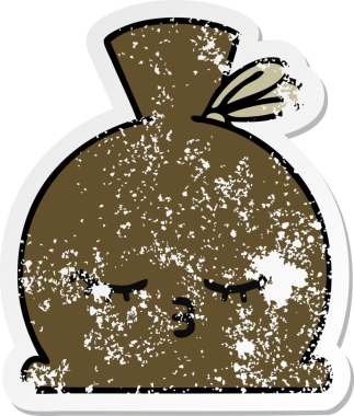 Bir insan tarafından çizilmiş şirin bir karikatür çuvalının sıkıntılı çıkartması.