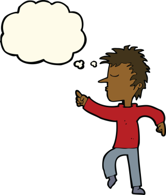 Bir insan tarafından çizilen düşünce baloncuğuyla işaret eden çizgi film adamı.