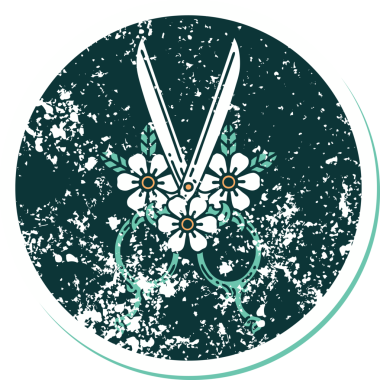 Bir insan tarafından çizilmiş berber makasının ve çiçeklerin sembolik dövmesi.