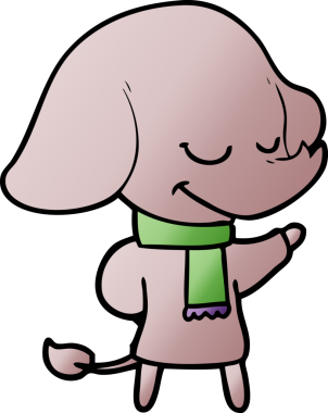 Bir insan tarafından çizilmiş eşarp takan gülümseyen bir fil.