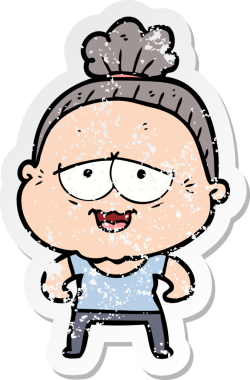 Bir insan tarafından çizilmiş mutlu, yaşlı bir kadının sıkıntılı çıkartması.