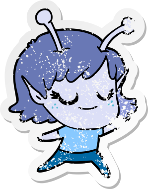 Bir insan tarafından çizilmiş gülümseyen uzaylı kız çizgi filminin sıkıntılı çıkartması.