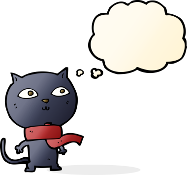 Bir insan tarafından çizilmiş düşünce baloncuklu eşarp takan siyah bir kedi.