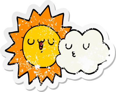 Çizgi film güneşinin sıkıntılı çıkartması ve bir insan tarafından çizilmiş bulut.