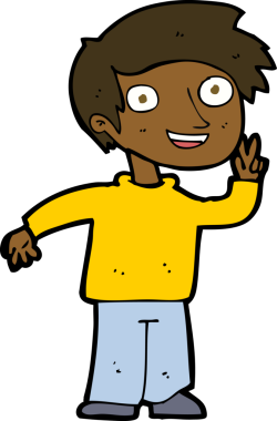 Bir insan tarafından çizilmiş bir fotoğraf için poz veren çizgi film çocuğu.