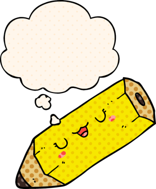 Çizgi roman tarzında bir insan tarafından çizilmiş düşünce baloncuğu olan sevimli bir çizgi roman kalemi.