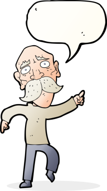 karikatür üzgün yaşlı adam bir insan tarafından çizilmiş konuşma balonuyla işaret ediyor
