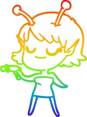 Gökkuşağı gradyan çizgisi, gülümseyen uzaylı kız çizgi filmi, bir insan tarafından çekilen ışın tabancası.