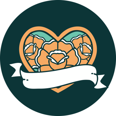 İkonik dövme stili bir kalp ve bir insan tarafından çizilmiş çiçekli pankart.