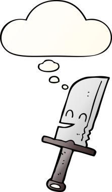 Düşünce baloncuklu çizgi film bıçağı bir insan tarafından çizilmiş.