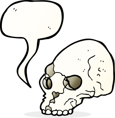 Bir insan tarafından çizilmiş konuşma baloncuğu olan karikatürümsü kafatası.