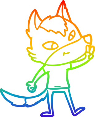 Gökkuşağı gradyan çizimi bir insan tarafından çizilmiş barış işareti veren dost bir çizgi kurt çizimi