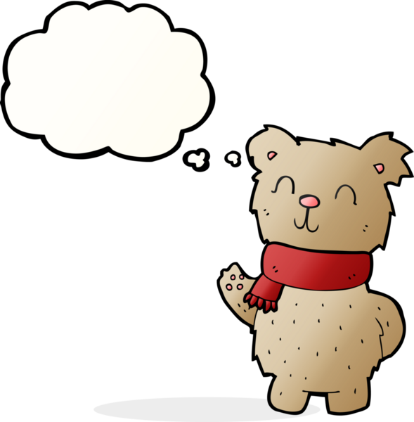 Bir insan tarafından çizilmiş düşünce balonlu oyuncak ayıyı sallayan çizgi film.