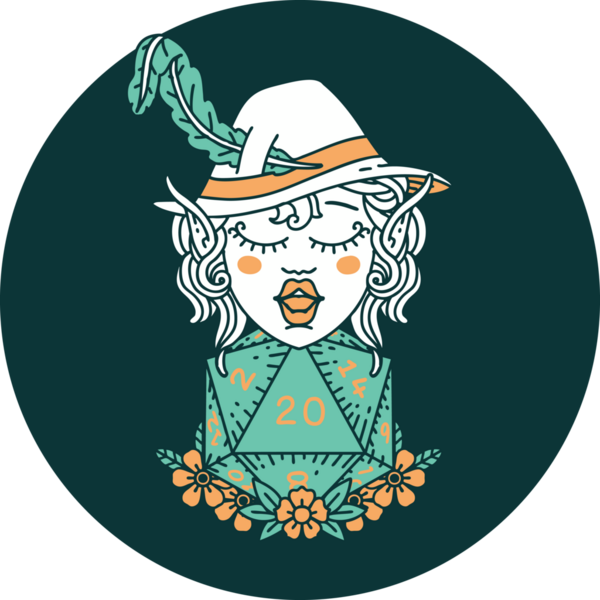 Bir insan tarafından çizilmiş 20 zarlı elf ozan karakteri simgesi.