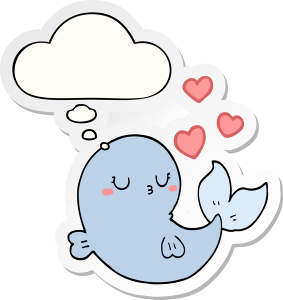 Düşünce baloncuğuna aşık şirin çizgi film balinası insan tarafından çizilmiş bir çıkartma gibi.