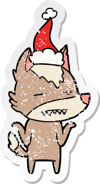 Bir insanın çizdiği Noel Baba şapkasıyla dişlerini gösteren bir kurt resmi.