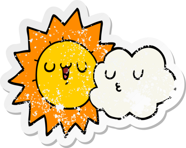 Çizgi film güneşinin sıkıntılı çıkartması ve bir insan tarafından çizilmiş bulut.