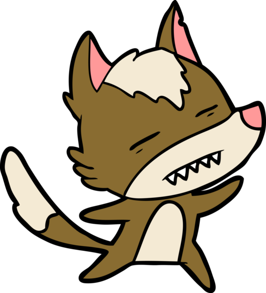 Bir insan tarafından çizilmiş dans ederken dişlerini gösteren bir kurt çizgi filmi.