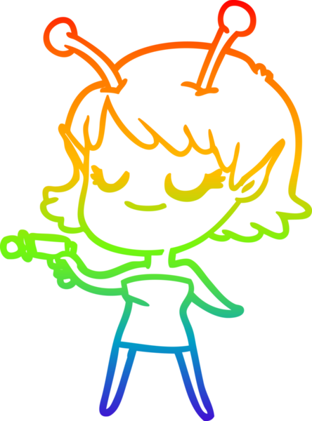 Gökkuşağı gradyan çizgisi, gülümseyen uzaylı kız çizgi filmi, bir insan tarafından çekilen ışın tabancası.