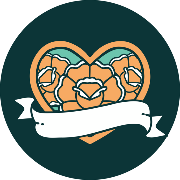 İkonik dövme stili bir kalp ve bir insan tarafından çizilmiş çiçekli pankart.