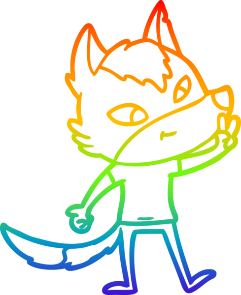 Gökkuşağı gradyan çizimi bir insan tarafından çizilmiş barış işareti veren dost bir çizgi kurt çizimi