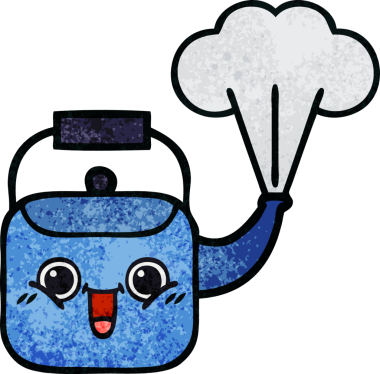 Bir insan tarafından çizilen dumanı tüten bir çaydanlığın retro grunge desenli karikatürü