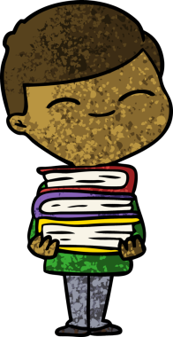 Bir insan tarafından çizilmiş kitap yığınıyla gülümseyen çocuk.