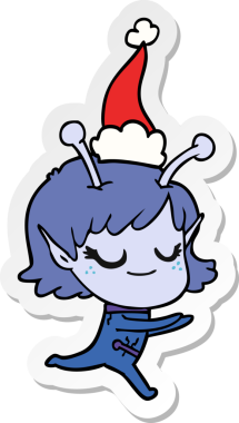 Gülümseyen uzaylı kız el çizimi. Bir insan tarafından çizilmiş Noel Baba şapkası giymiş bir koşucunun çıkartması.