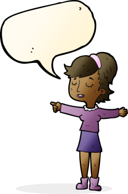 Bir insan tarafından çizilmiş konuşma balonuyla işaret eden mutlu kadın çizgi filmi.