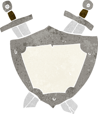 Çizgi film kalkanı ve bir insan tarafından çekilen kılıçlar