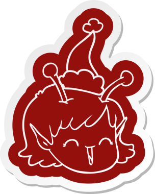 Bir insan tarafından çizilmiş Noel Baba şapkası giyen uzaylı bir uzay kızının garip bir çizgi film çıkartması.