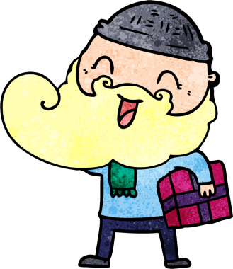 Mutlu sakallı adam bir insan tarafından çizilmiş noel hediyesini tutuyor.