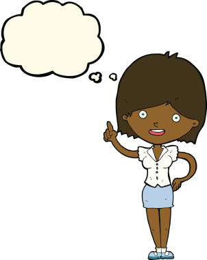 Bir insan tarafından çizilmiş düşünce baloncuğu fikri olan karikatür kadın.