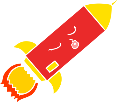 Bir insan tarafından çizilmiş düz renkli çizgi film roketi