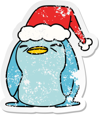 Bir insan tarafından çizilmiş kawaii pengueninin sıkıntılı yılbaşı çıkartması.