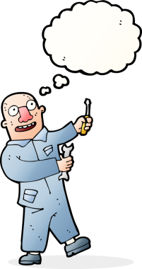 Bir insan tarafından çizilmiş düşünce kabarcığı olan karikatür tamircisi.