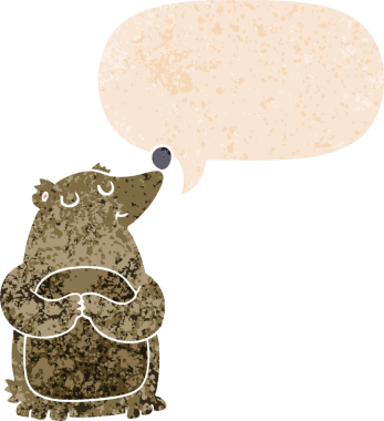 Bir insan tarafından çizilmiş grunge sıkıntılı retro biçimli konuşma balonu ile çizgi film ayısı