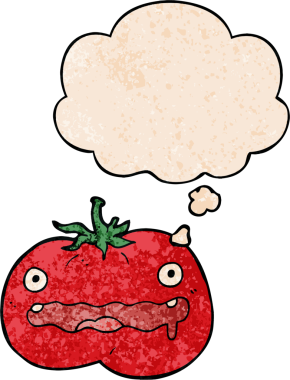 Düşünce baloncuklu çizgi film domatesi. Bir insan tarafından çizilmiş grunge desen tarzı.