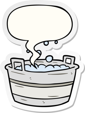 Bir insan tarafından çizilmiş konuşma kabarcığı çıkartmalı su dolu eski bir teneke küvet.