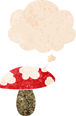 Düşünce baloncuklu çizgi film mantarı grunge sıkıntılı retro desen bir insan tarafından çizilmiş