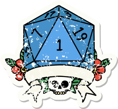 Bir insan tarafından çizilmiş doğal bir d20 zarının grunge çıkartması.