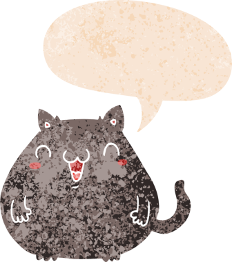 grunge 'da konuşma balonu olan çizgi film kedisi bir insan tarafından çizilmiş dertli retro desenli