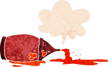 Bir insan tarafından çizilmiş grunge sıkıntılı retro stili ile konuşma baloncuklu ketçap şişesi döküldü